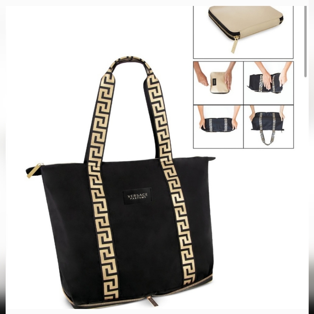 Versace Parfum Black & Gold  Logo Folding Tote Travel Gym Shoulder Bag - Picture 7 of 7